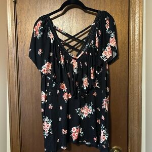 Pretty floral top with ruffled v neck and criss cross v back size 0